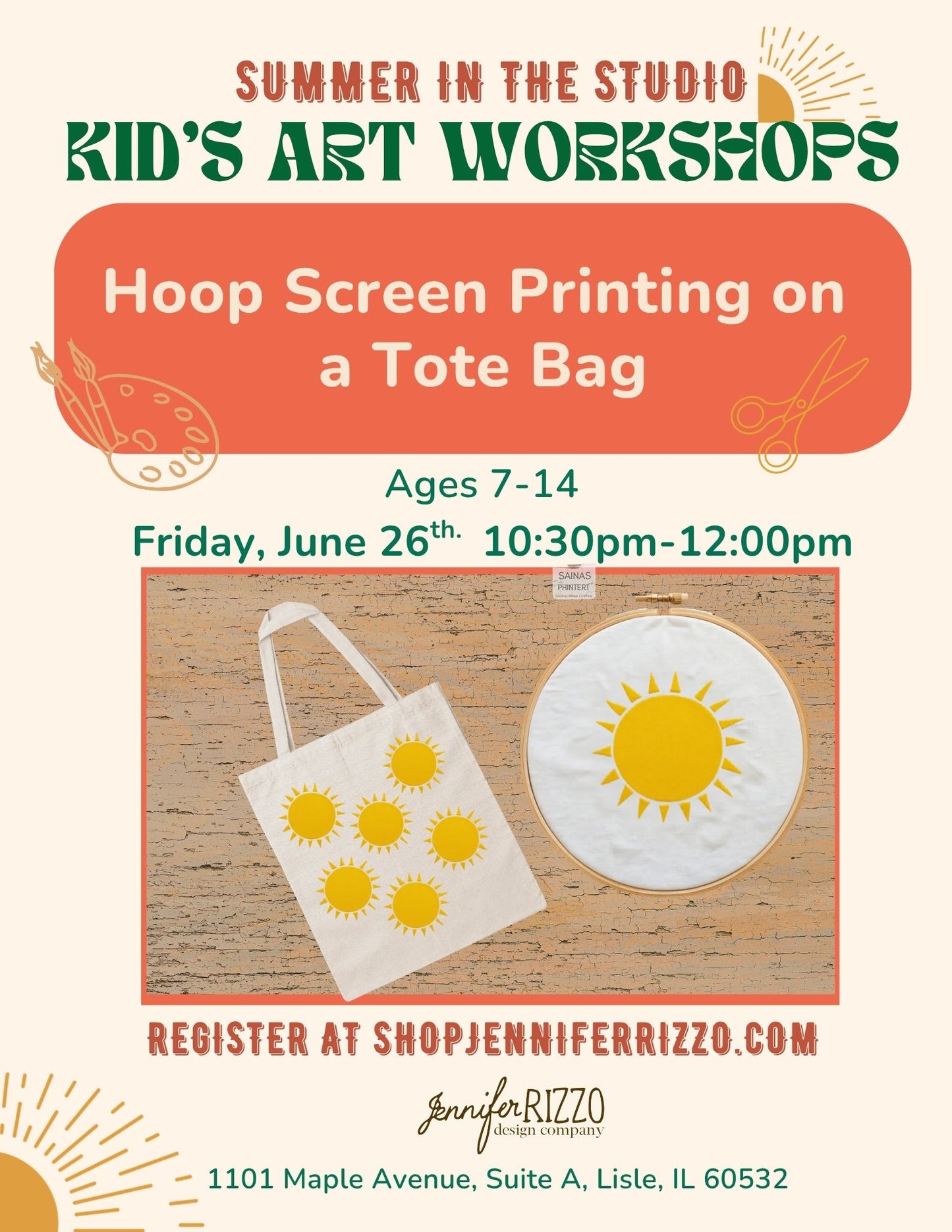 Graphics for hoop screen printing with a screen print of a sun on a tote bag for summer in the studio kids art wrokshops