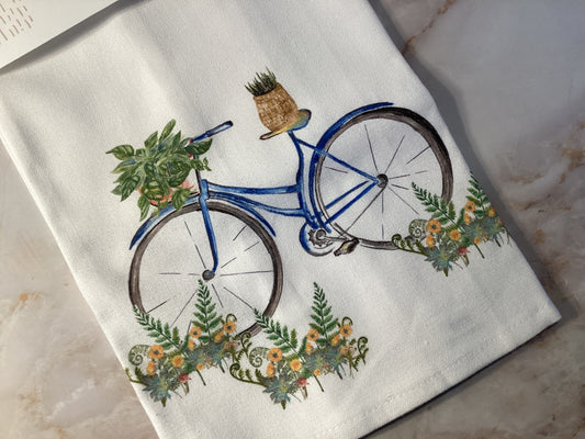 Blue Watercolor Bicycle 100% Cotton Tea Towel