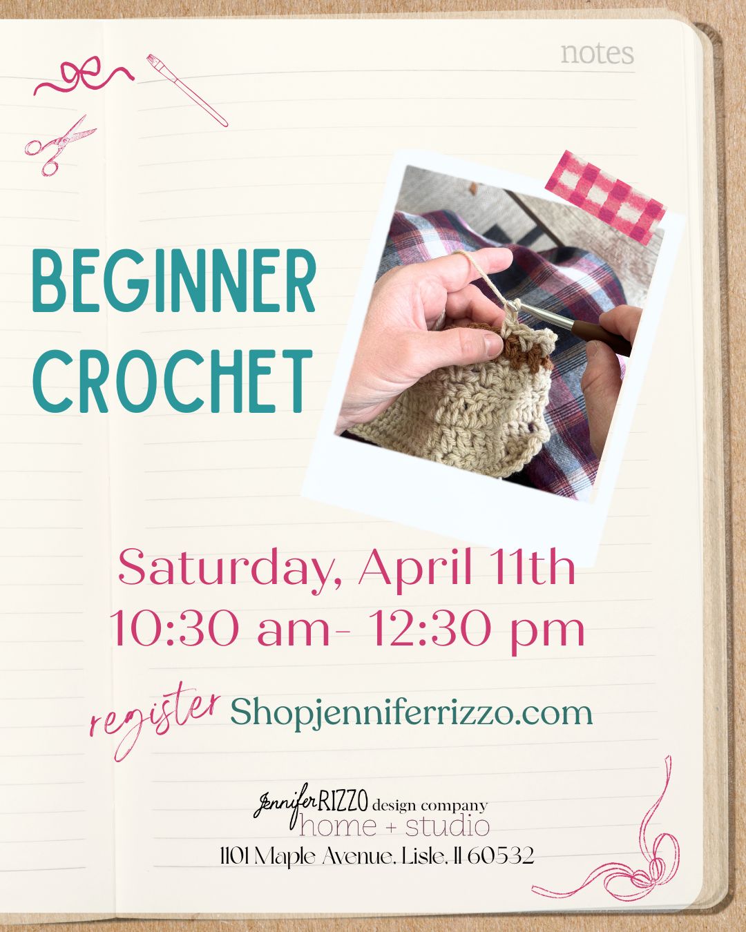 Advertisement for a beginner crochet class with a hand holding yarn and a crochet hook.
