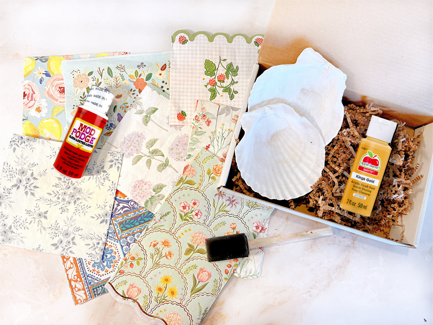 JRDC Creative Studio Box- Decoupaged Napkin Seashells Dishes