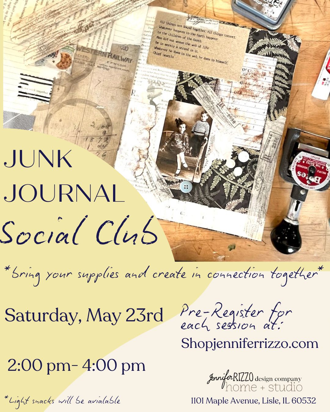 Promotional flyer for Junk Journal Social Club event with materials and supplies on a wooden surface.