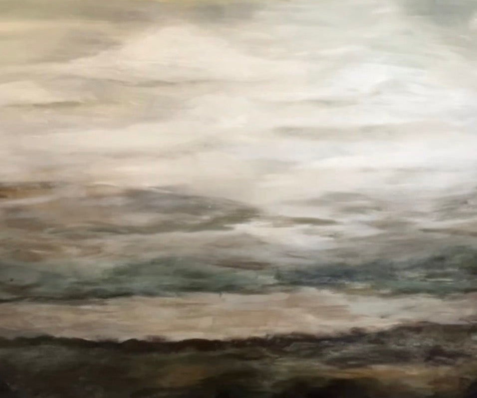 Abstract painting with swirling brown, beige, and gray colors