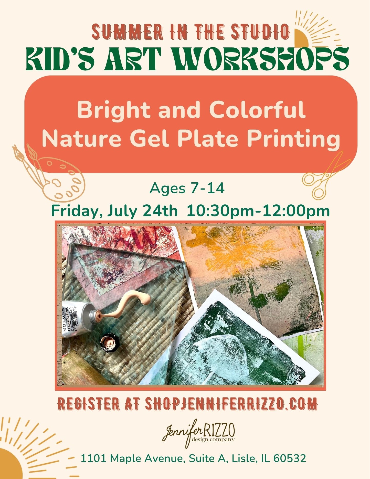 Graphic for bright and colorful nature gel printing workshop for kids Friday, July 24th 1030 am-12 pm. Image shows gel plates with colorful printed artwork.