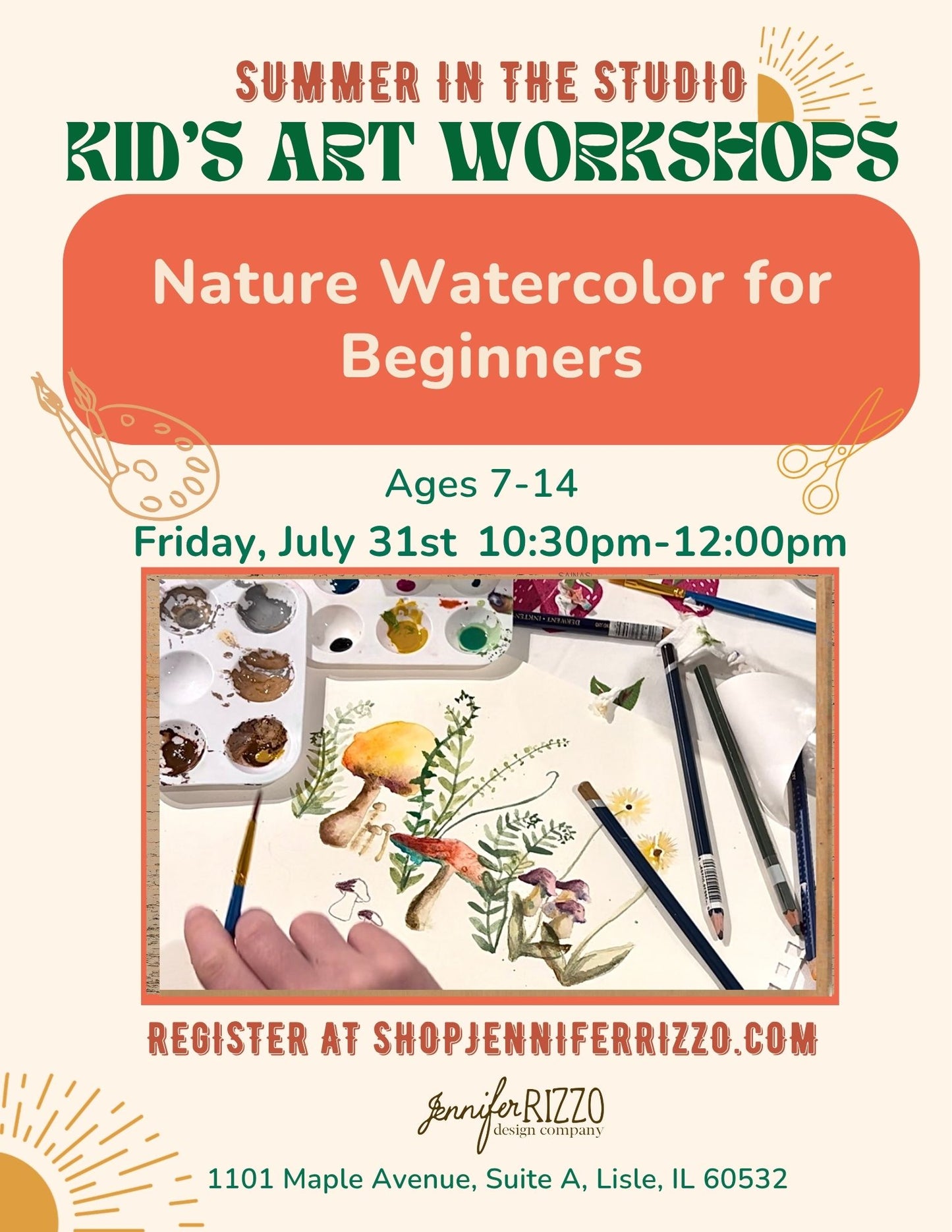 Graphic for nature watercolor for beginners kids art workshop on Friday July 31st 1030-12p. Image shows watercolor mushrooms and ferns and a hand with a brush