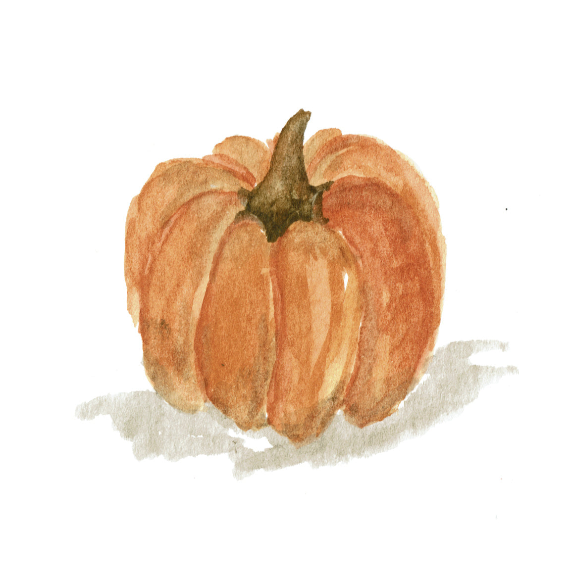 A watercolor painting of a small orange pumpkin with a dark brown stem, shown on a plain white background with a soft gray shadow underneath.