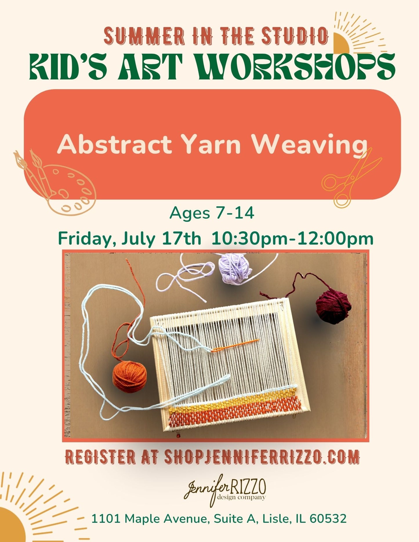 Graphics for abstract yarn weaving for kids. Graphic shows yarn on a loom and yarn balls for weaving on Friday, July 17tg 10:30am-12:00pm.