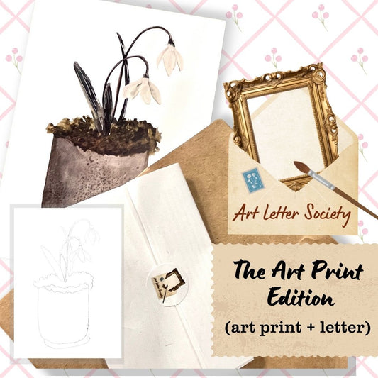 Decorative setup with envelopes, a gold frame, and flowers on a checkered background with 'Art Letter Society' branding.