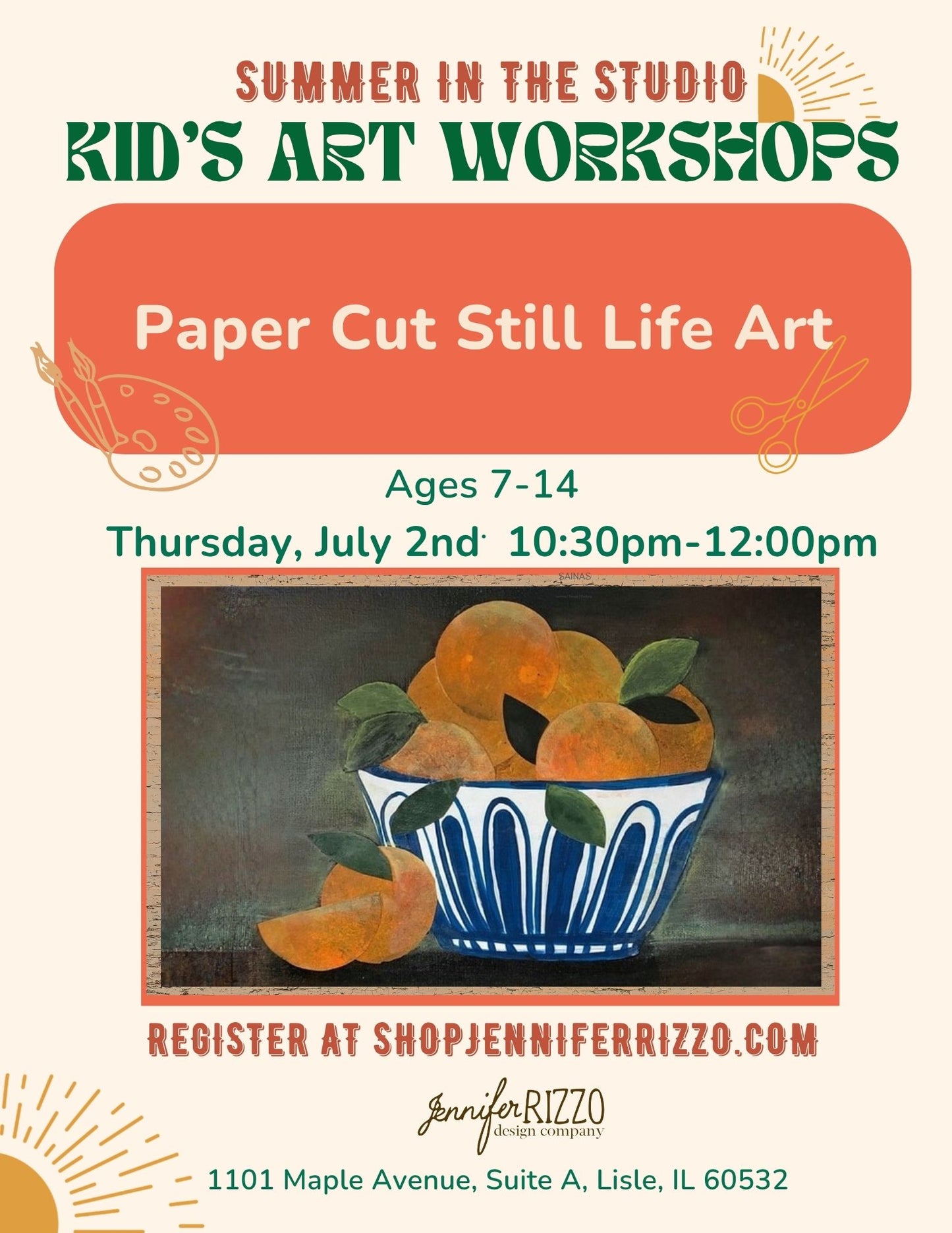 Graphic for papercut still life art workshop for kids featuring a blue bowl of oranges  on a canvas.