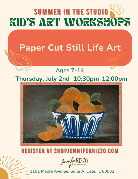 Graphic for papercut still life art workshop for kids featuring a blue bowl of oranges  on a canvas.