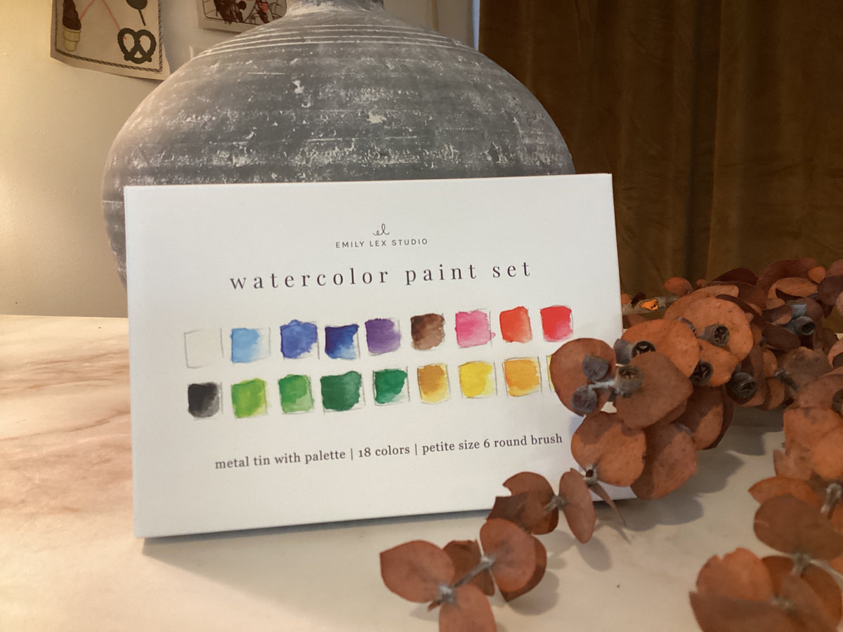 An Emily Lee Studio watercolor paint set card standing on a tabletop, showing a grid of 18 watercolor color samples. The card is styled with a large textured gray vase behind it and dried brown leaves in the foreground.