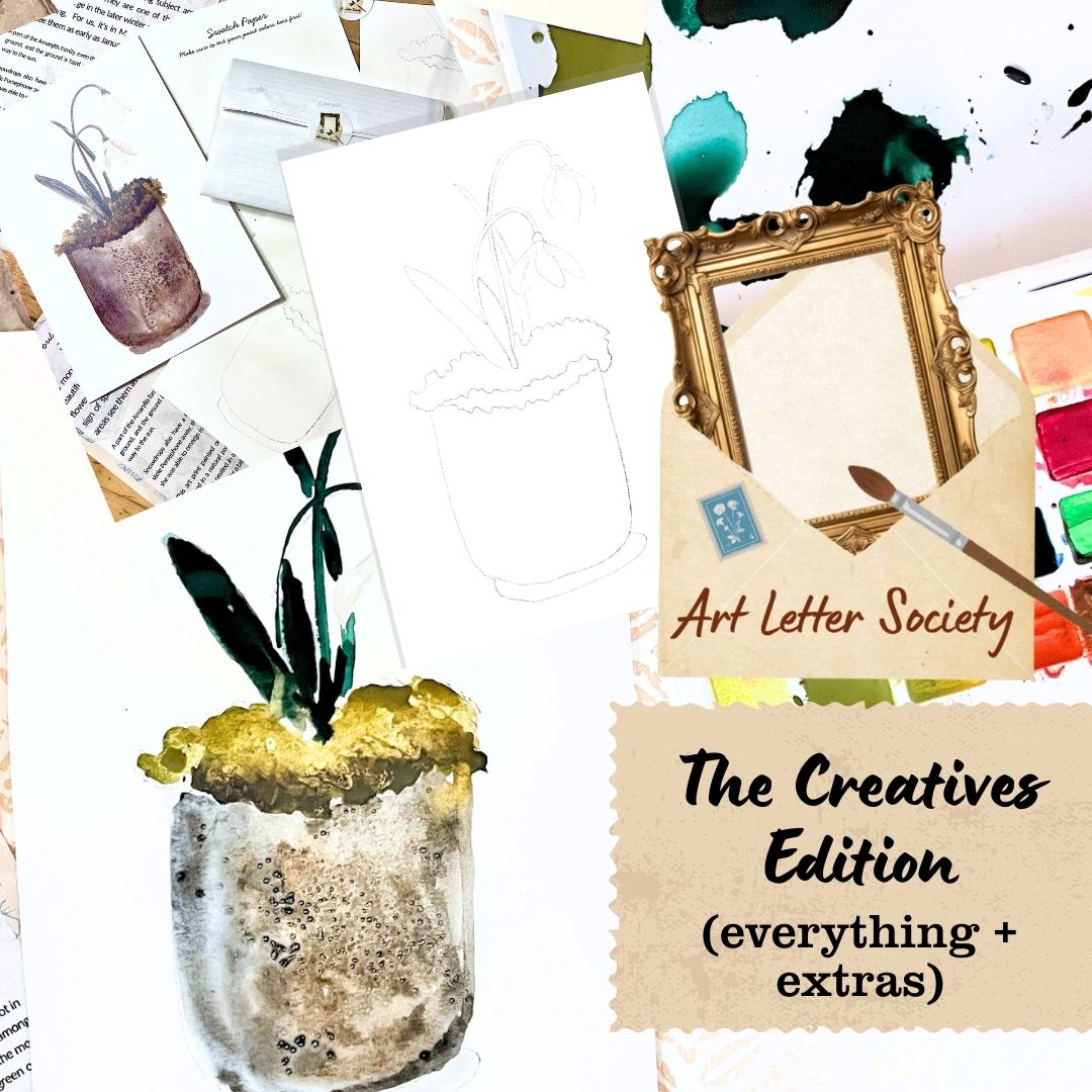 Collage of art supplies including a paint brush and a painting of flowers in a pot and an envelope. Letter reads art letter society and features a graphic for then creatives edition