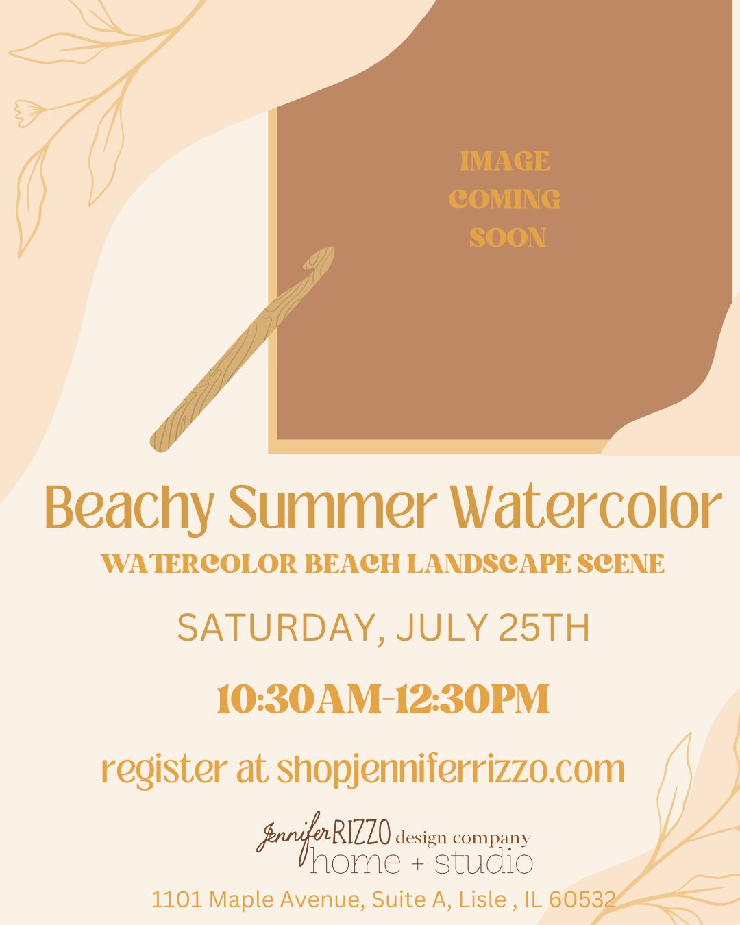 Promotional flyer for a beach-themed watercolor event with a paintbrush and watercolor paper.