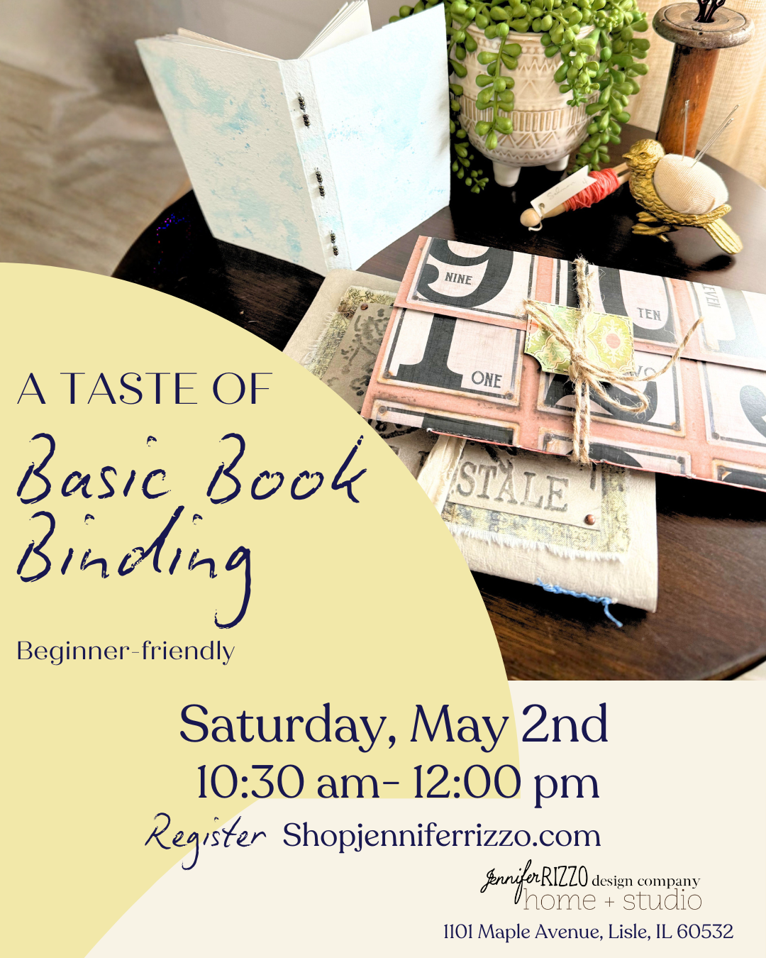 Promotional flyer for a basic book binding workshop with materials and tools on a table.