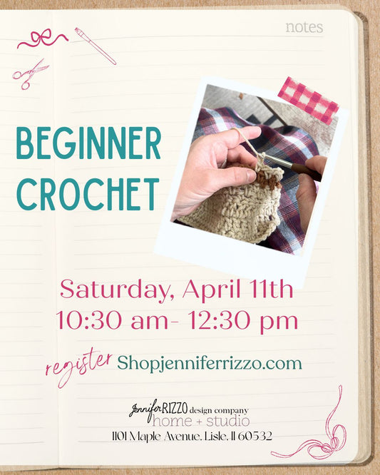 Advertisement for a beginner crochet class with a hand holding yarn and a crochet hook.