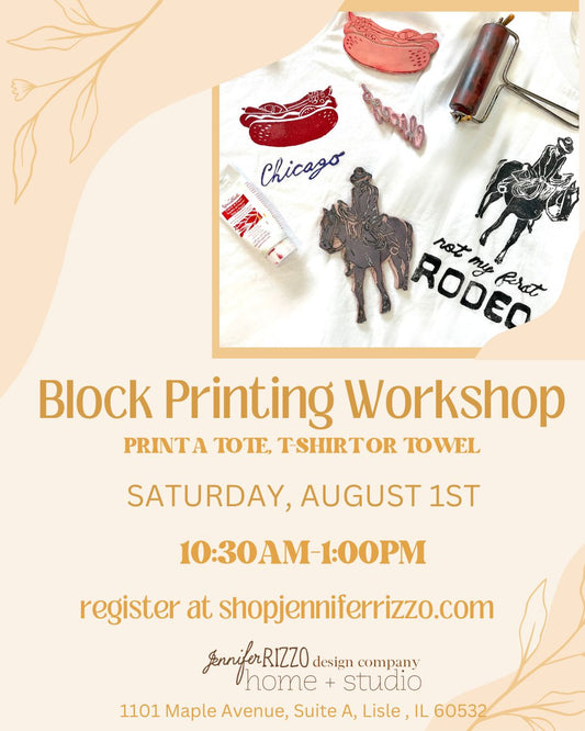 Advertisement for a block printing workshop with a t-shirt design and event details on Saturday August 1 st 10:0a-1:00p