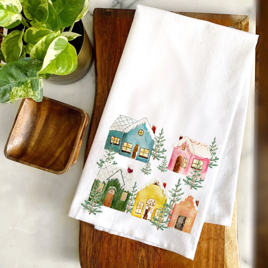 Colorful Christmas Cottages Cotton Tea Towel