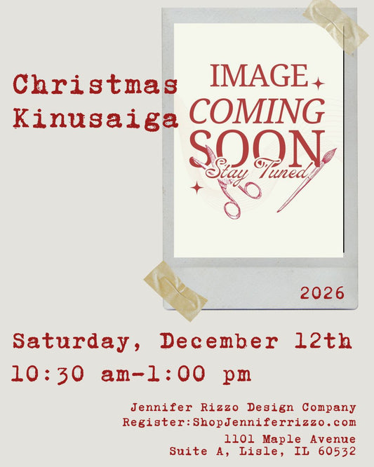 A promotional poster for a Christmas-themed film or event, with red text reading 'Christmas Kinusaiga' and 'IMAGE COMING SOON Stay Tuned,' plus event details for Saturday, December 12th from 10:30 am to 1:00 pm. A large central mockup of a Polaroid-style photo frame shows the coming-soon message, with decorative tape accents and the year 2026.
