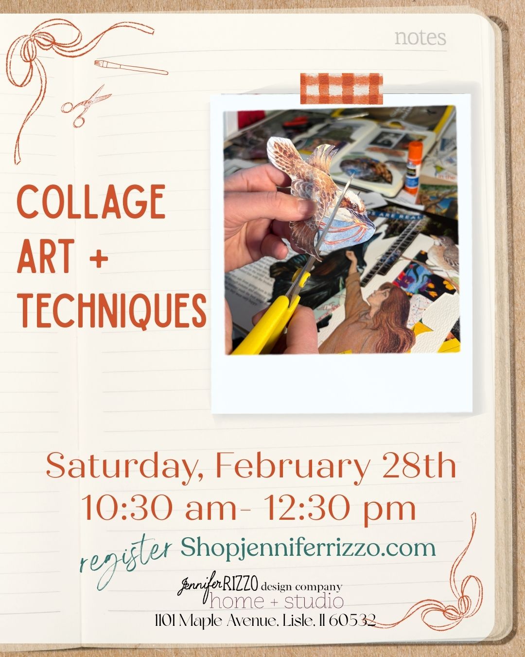 Advertisement for a collage art workshop with a hand holding a small animal figurine over a collage.