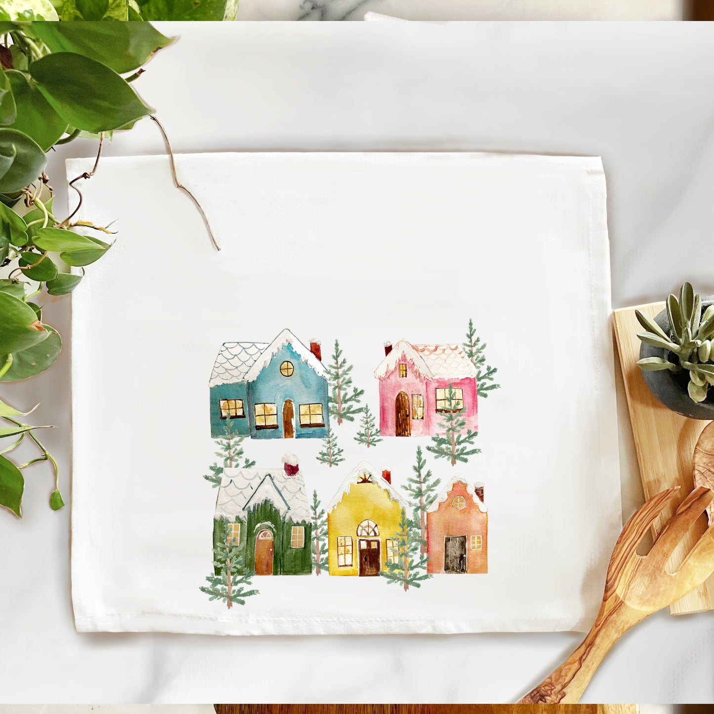 Colorful Christmas Cottages Cotton Tea Towel