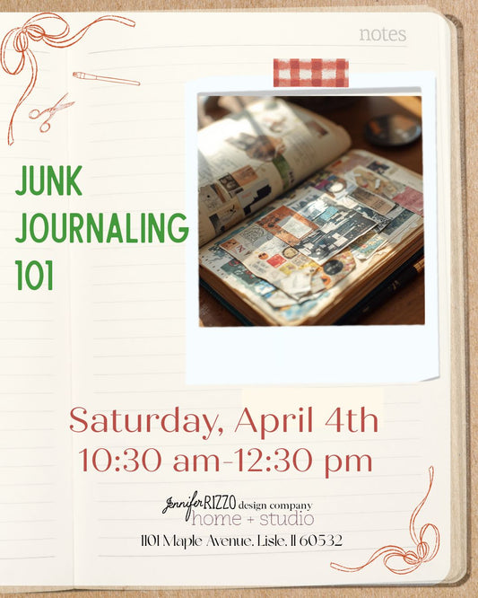 Promotional flyer for a junk journaling workshop with an open notebook and stationery items. Showing a junk journal.