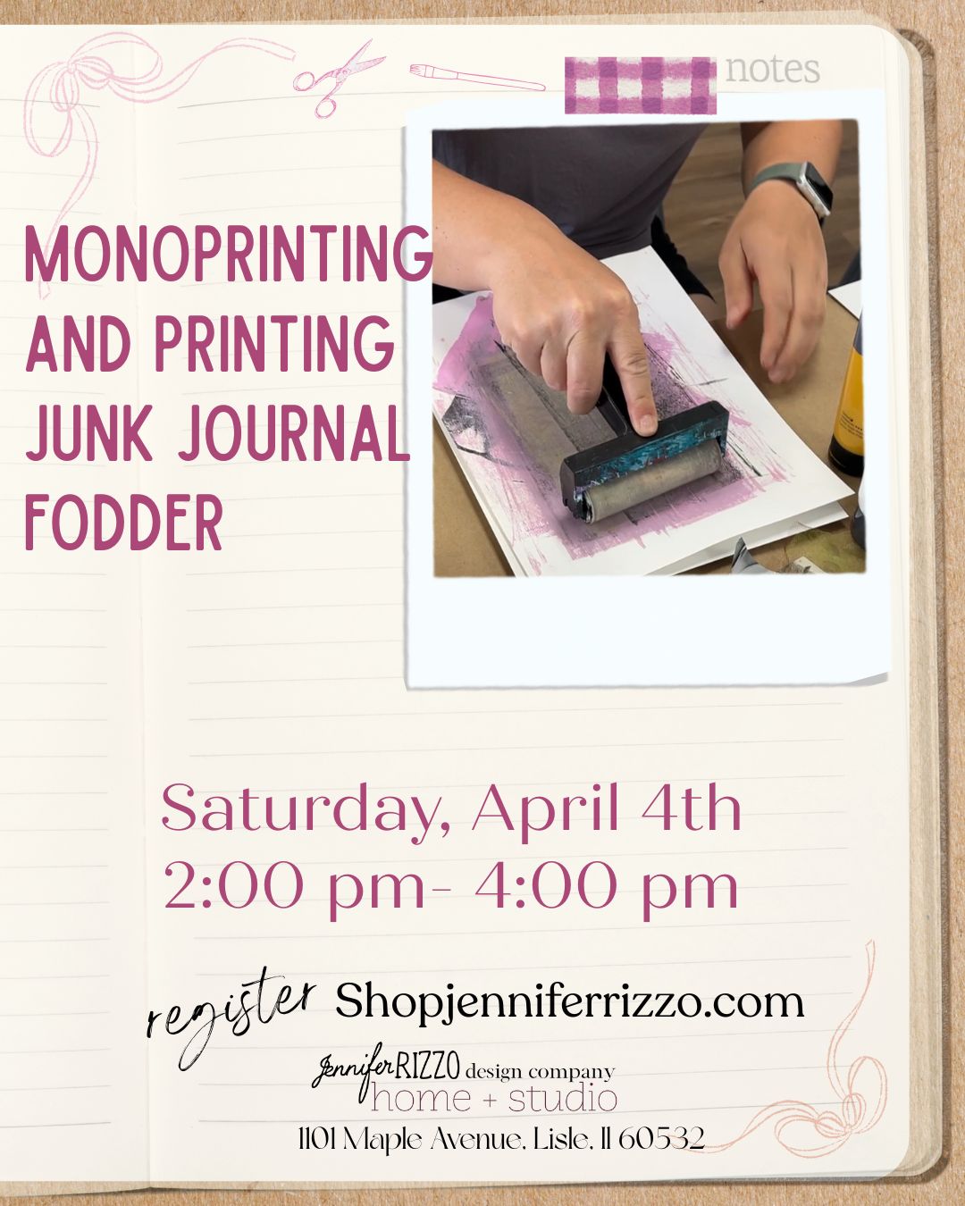 Promotional flyer for a monoprinting and printing workshop with a person using a printing tool.