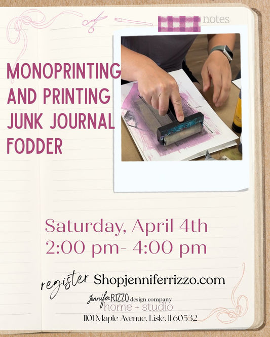 Promotional flyer for a monoprinting and printing workshop with a person using a printing tool.