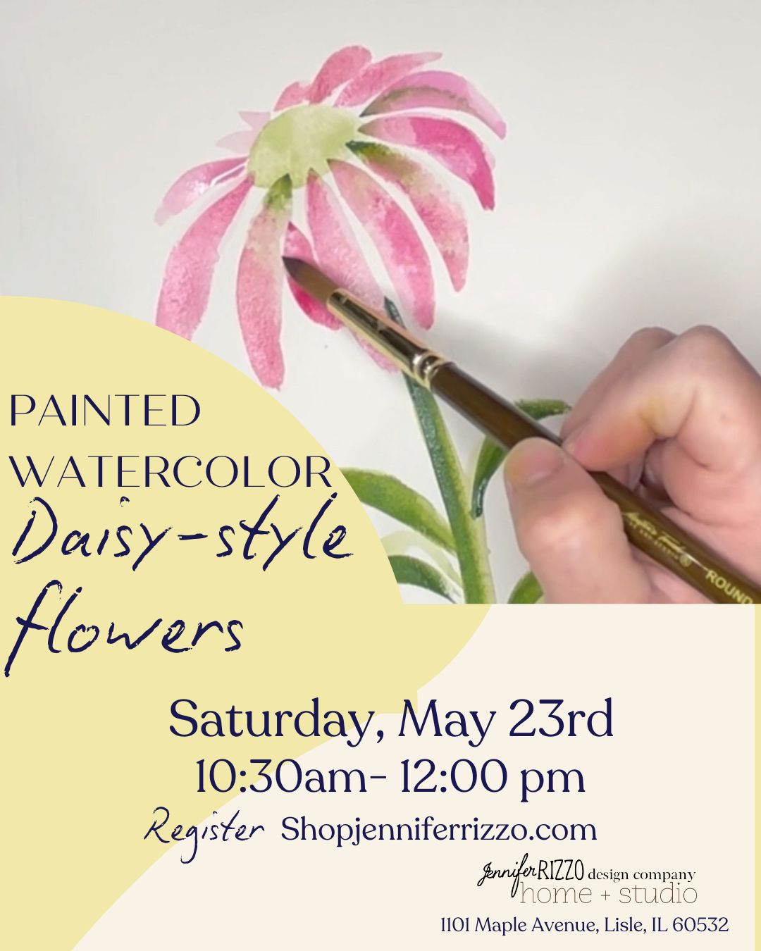 Promotional flyer for a painted watercolor workshop with a hand holding a brush and a pink flower illustration.
