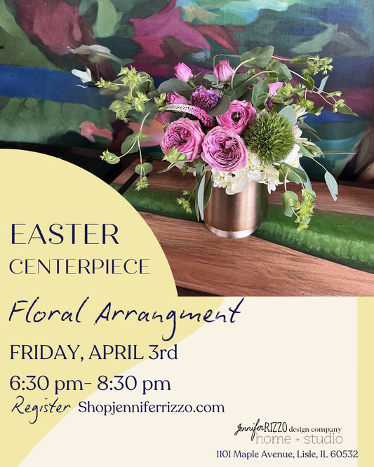 Floral arrangement in a vase with text about an Easter event and registration details.