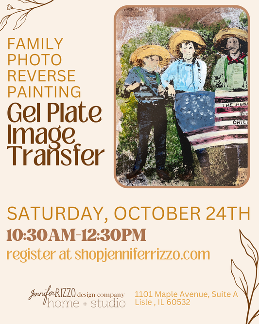 Promotional flyer for a family photo reverse painting service, featuring gel plate image transfer. The flyer has a warm beige background with brown text and a central square illustration of three children in straw hats painting an American flag.