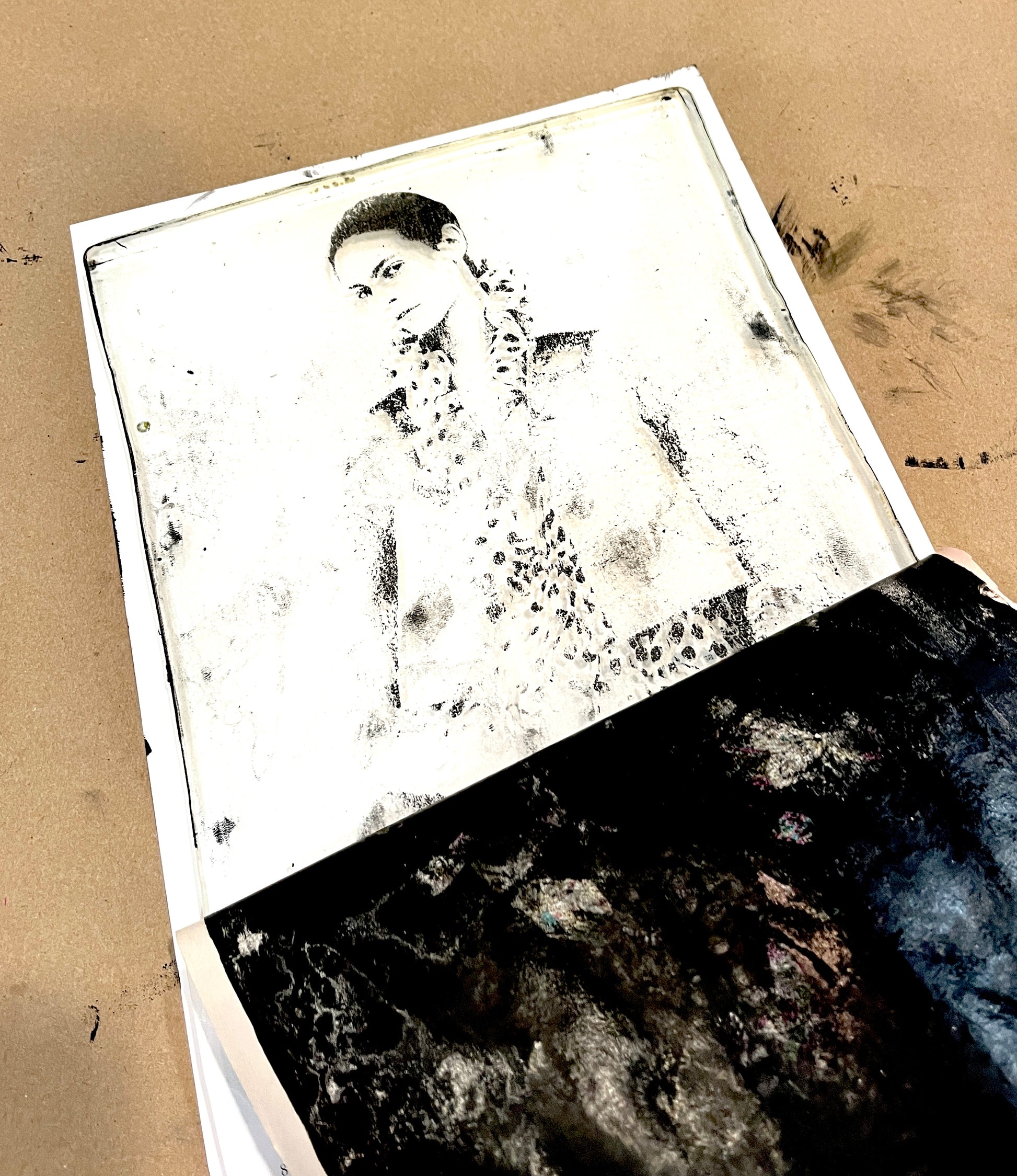 Vintage photograph of a woman on a textured brown background in gel plate printing
