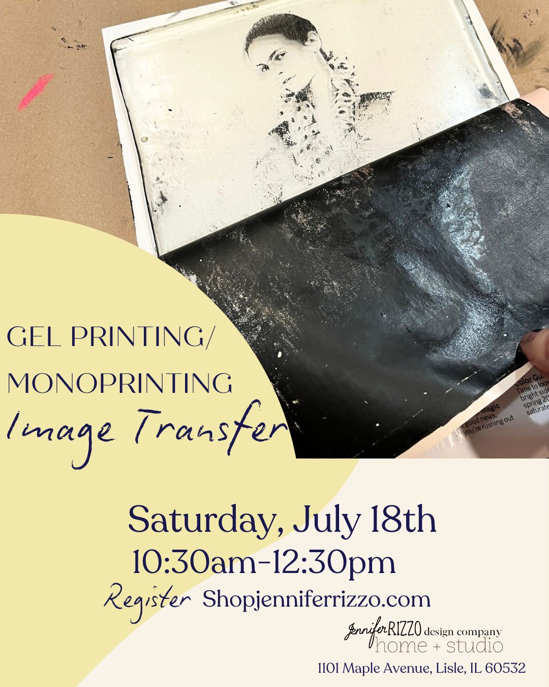 Promotional flyer for a gel printing and monoprinting workshop with a person holding a print.