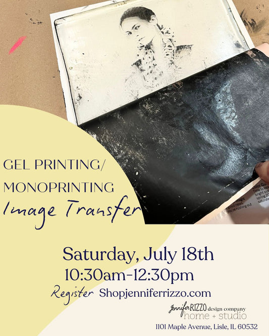 Promotional flyer for a gel printing and monoprinting workshop with a person holding a print.