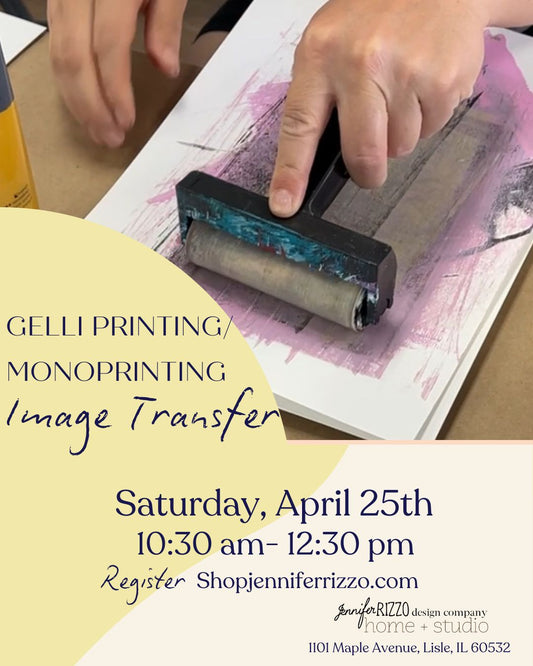 Promo for Gelli printing mono printing image transfer or Saturday, April 25 10:30a-12:30p. Features a hand pushing a brayer across paper and fingers on the upper left.