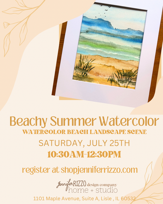 Info graphic for a beachy watercolor workshop showing a painting of a beach scene and graphics for a workshop Saturday, July 25 1030 to 12:30 PM  at Shopjenniferrizzo.com