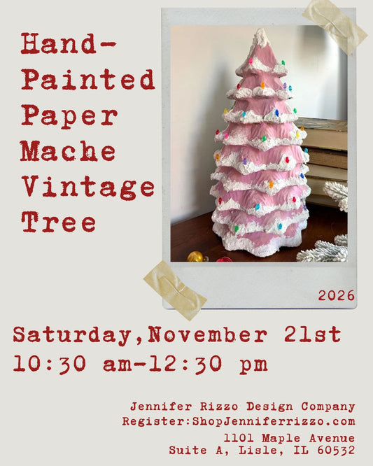 Promotional flyer for a hand-painted paper mache vintage tree, featuring a photo of a pink and white decorated tree with colorful ornaments. The flyer includes event details for Saturday, November 21st at 10:30 am-12:30 pm, organized by Jennifer Rizzo Design Company.