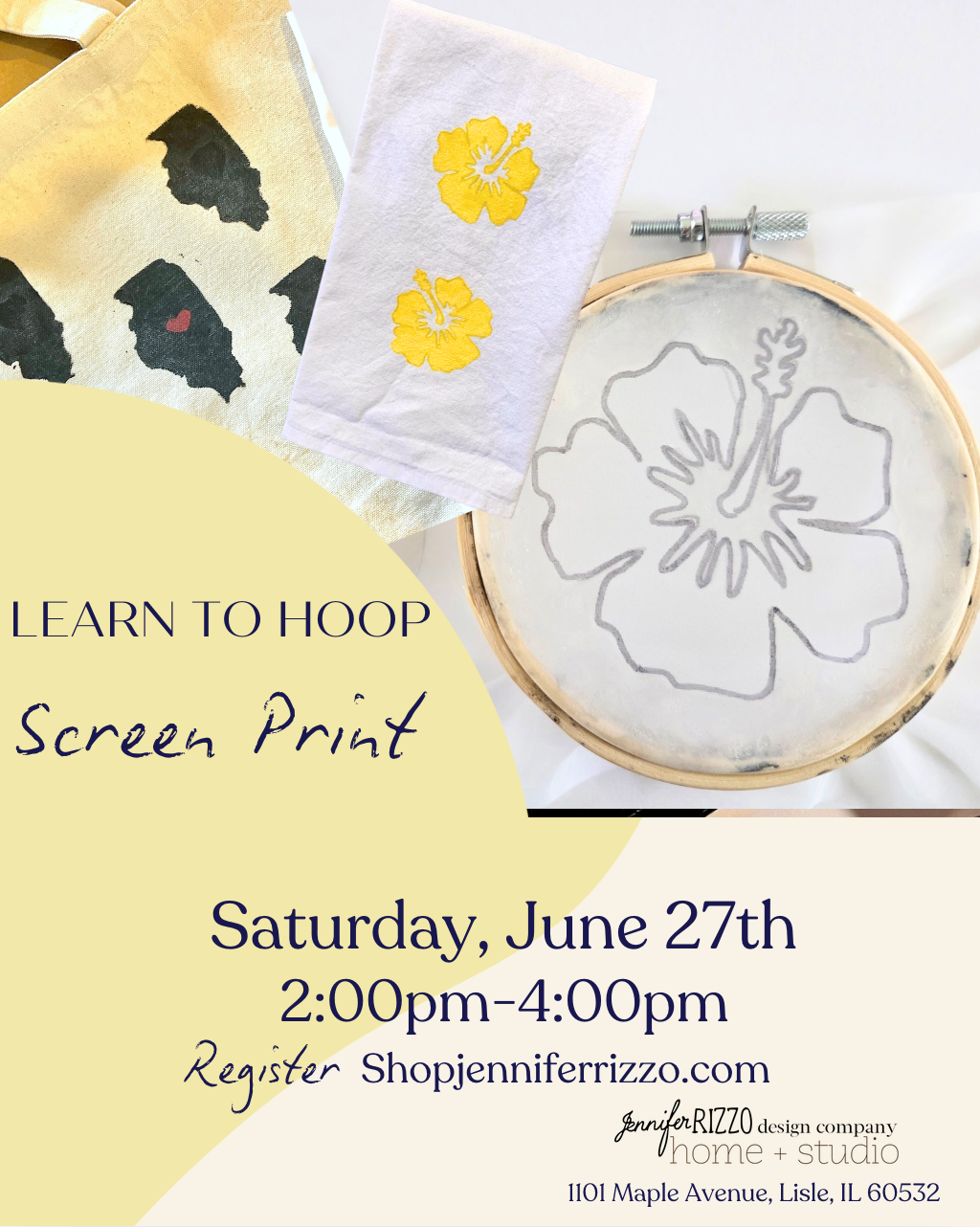 Promotional flyer for a screen printing class with embroidery hoop and printed fabric.