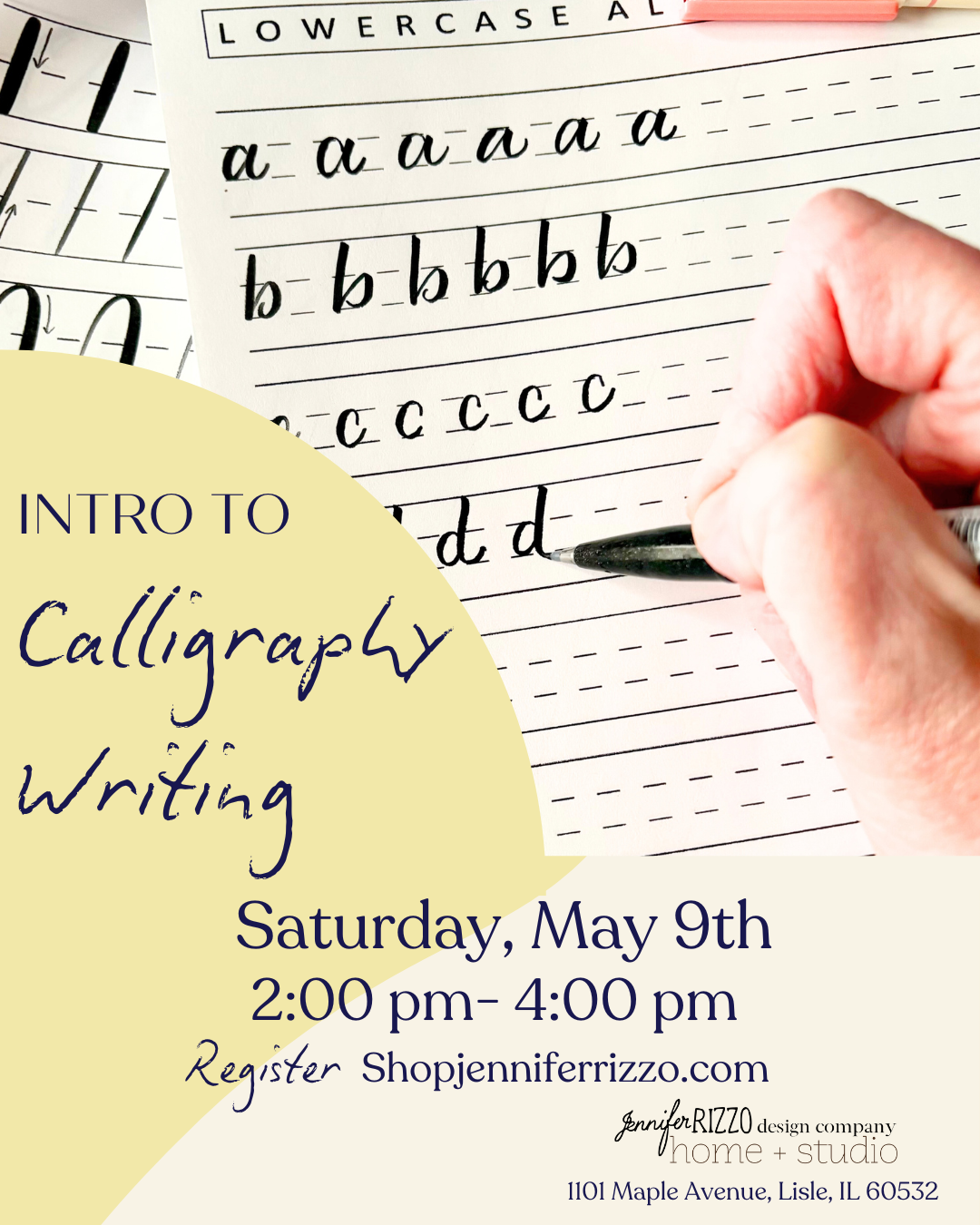 Calligraphy practice sheet with hand holding a pen and promotional text for calligraphy class.