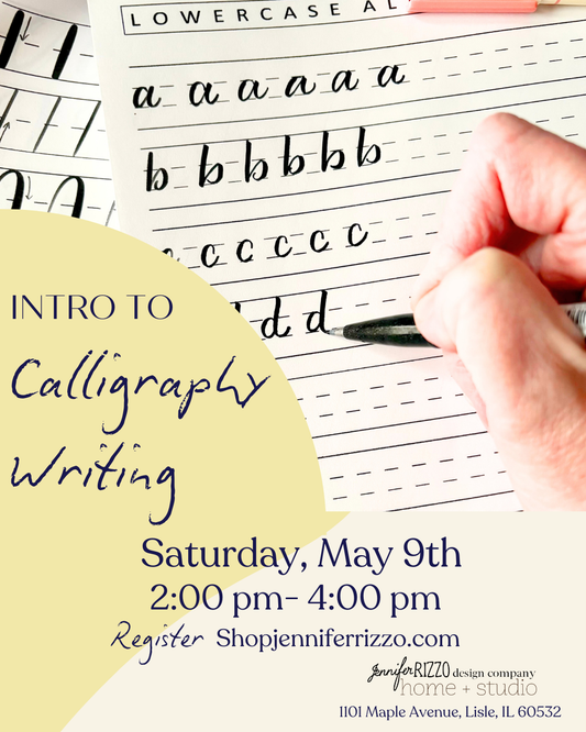 Calligraphy practice sheet with hand holding a pen and promotional text for calligraphy class.