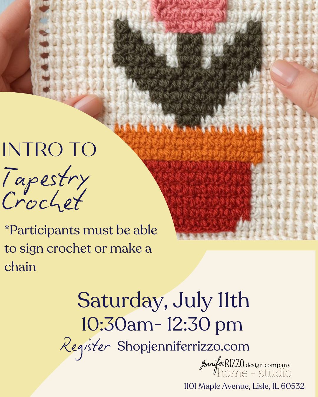 Promotional flyer for tapestry crochet class with a cat design on fabric.