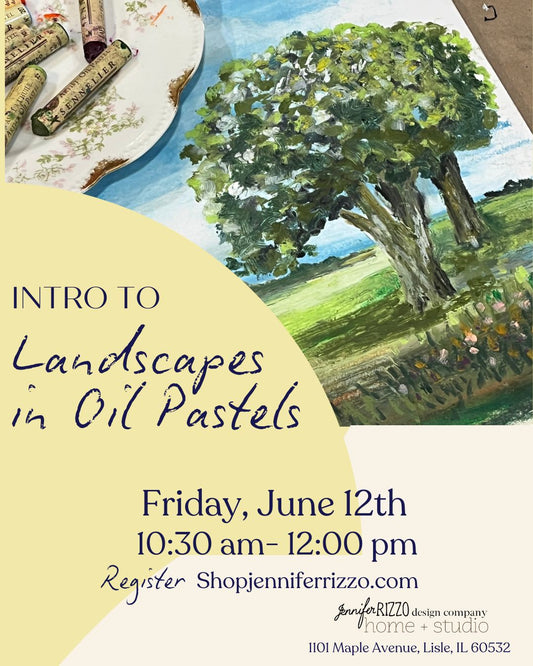 Promotional flyer for 'Intro to Landscapes in Oil Pastels' workshop with an illustration of a landscape and oil pastel.