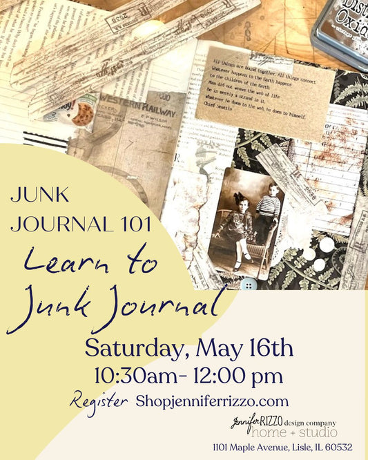 Promotional flyer for a junk journaling workshop with text and images of scrapbook pages.