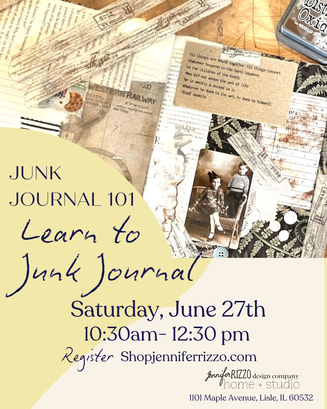 Promotional flyer for a junk journaling workshop with text and images of scrapbook pages.