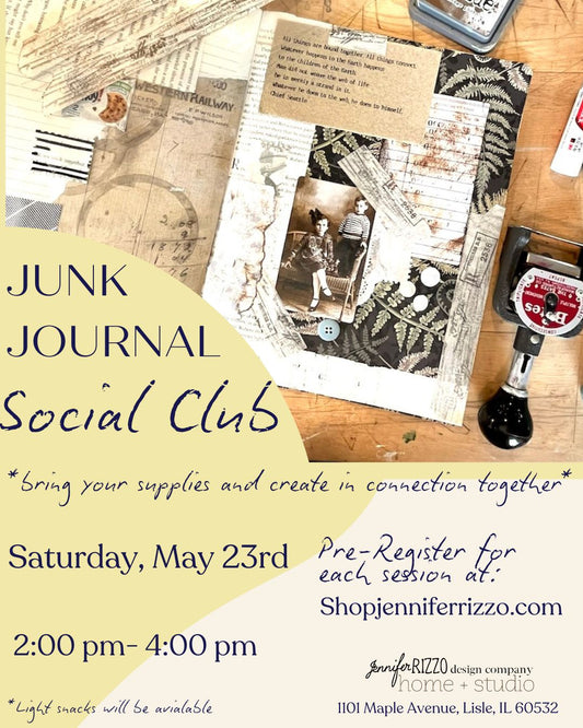 Promotional flyer for Junk Journal Social Club event with materials and supplies on a wooden surface.