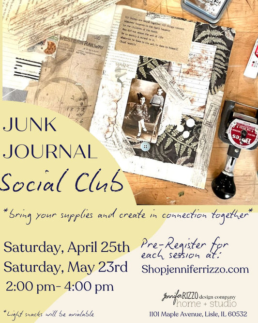 Promotional flyer for Junk Journal Social Club event with materials and supplies on a wooden surface.