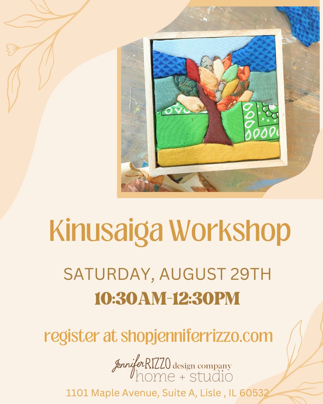 Advertisement for Kinusaiga Workshop with a colorful artwork and registration details.
