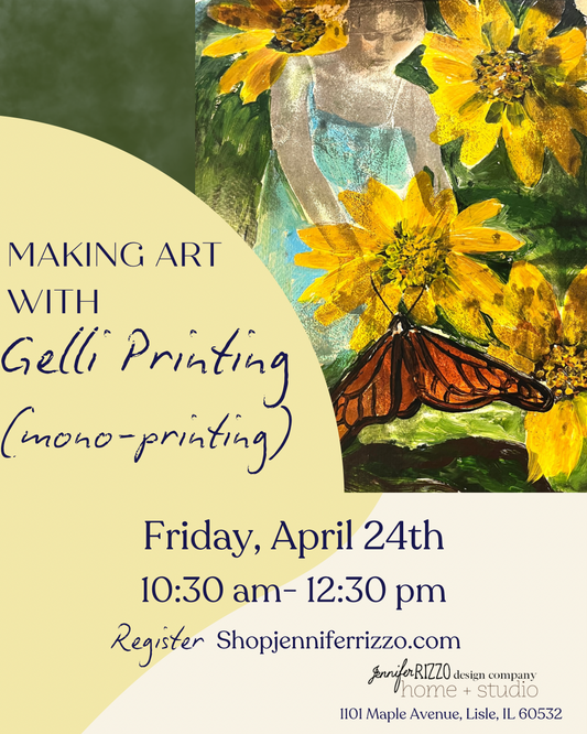 Promotional flyer for a Gelli Printing workshop with a woman surrounded by flowers and a butterfly.
