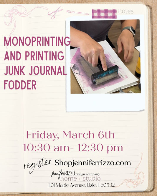 Promotional flyer for a monoprinting and printing workshop with a person using a roller on paper.