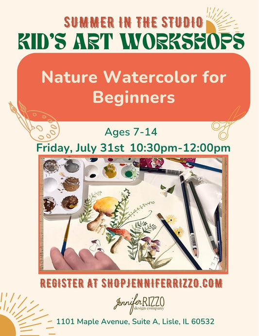 Graphic for nature watercolor for beginners kids art workshop on Friday July 31st 1030-12p. Image shows watercolor mushrooms and ferns and a hand with a brush