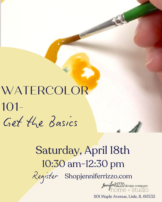 Promotional flyer for a watercolor class with a hand holding a paintbrush and a flower.