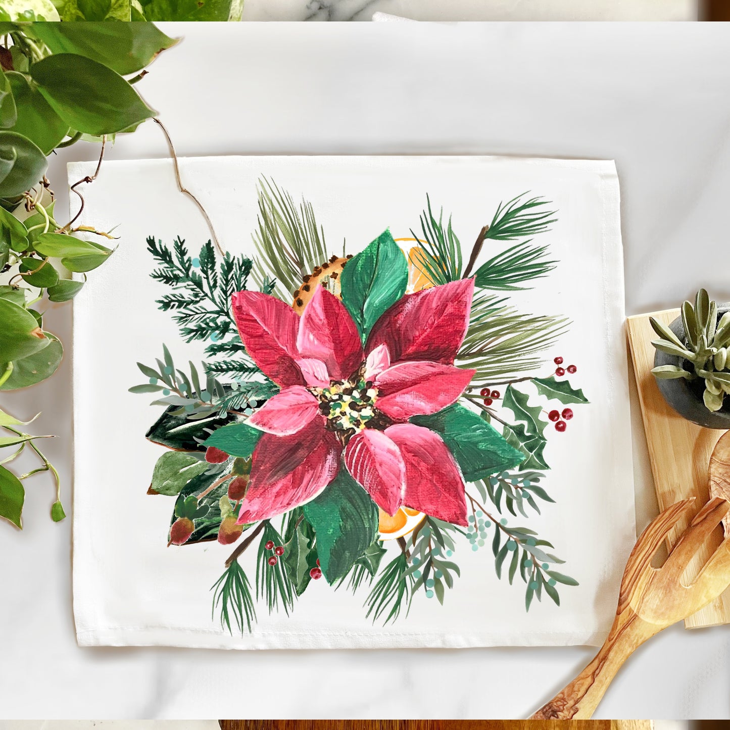 Poinsettia and Pine Cotton Tea Towel